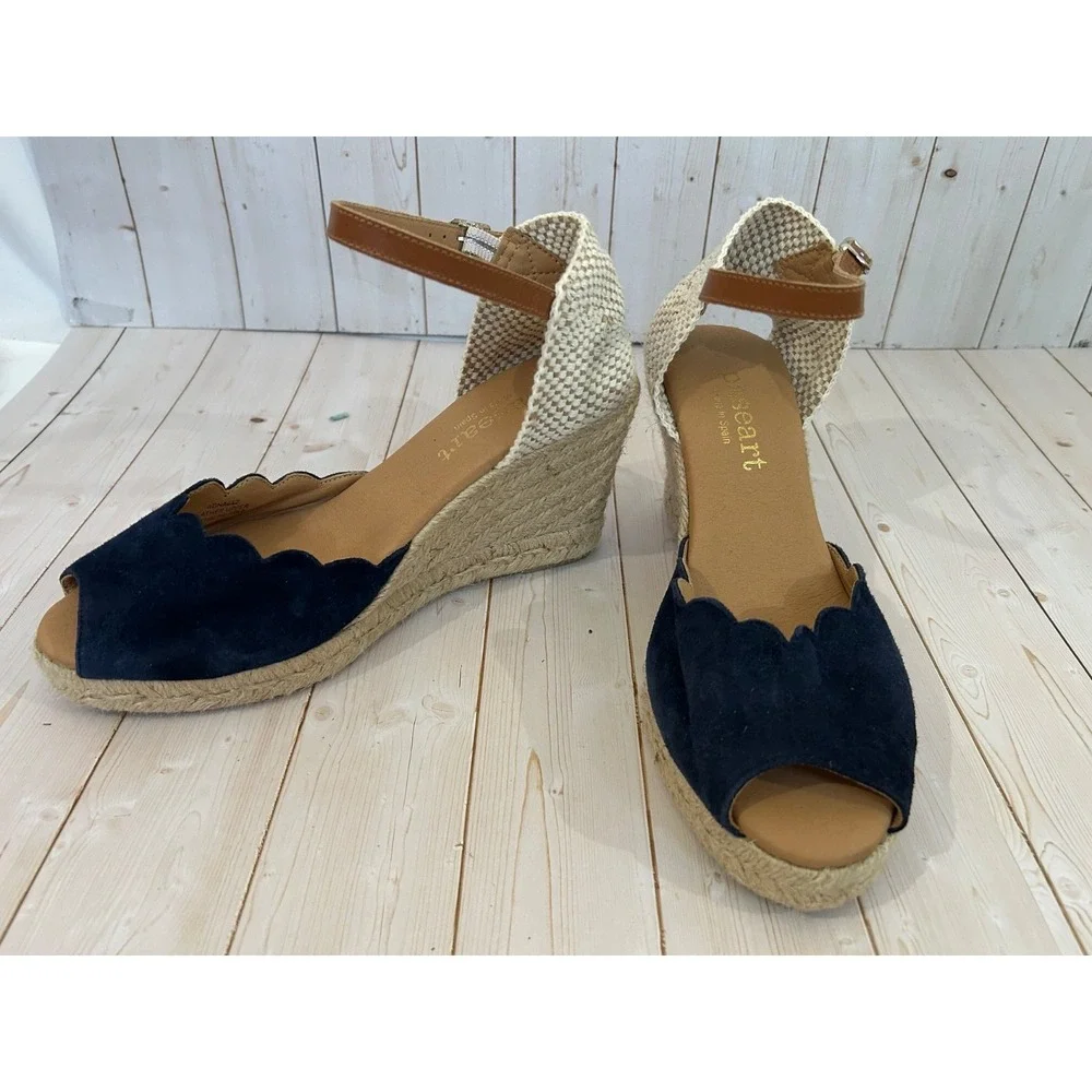 Paseart Blue Leather Suede Espadrille Wedge Sandals Womens Size 39 Slingback